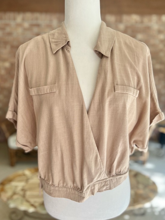 Guess Tops - Guess Tan Wrap Crop Top Linen Blend Woven Dolman Sleeve XL Festival